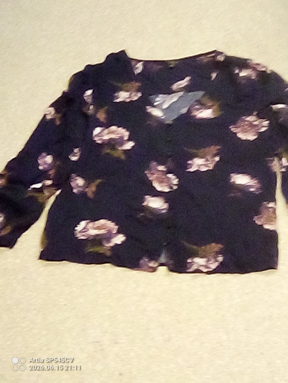#734 "Lucky Brand" Dark Navy Floral Button-Front Blouse with Pink Flowers